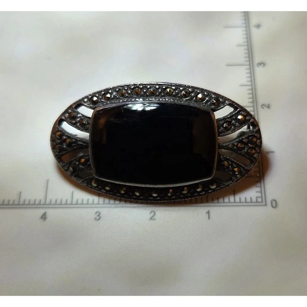 Unique Sterling Silver, Black Onyx, & Marcasite‎ Brooch 925